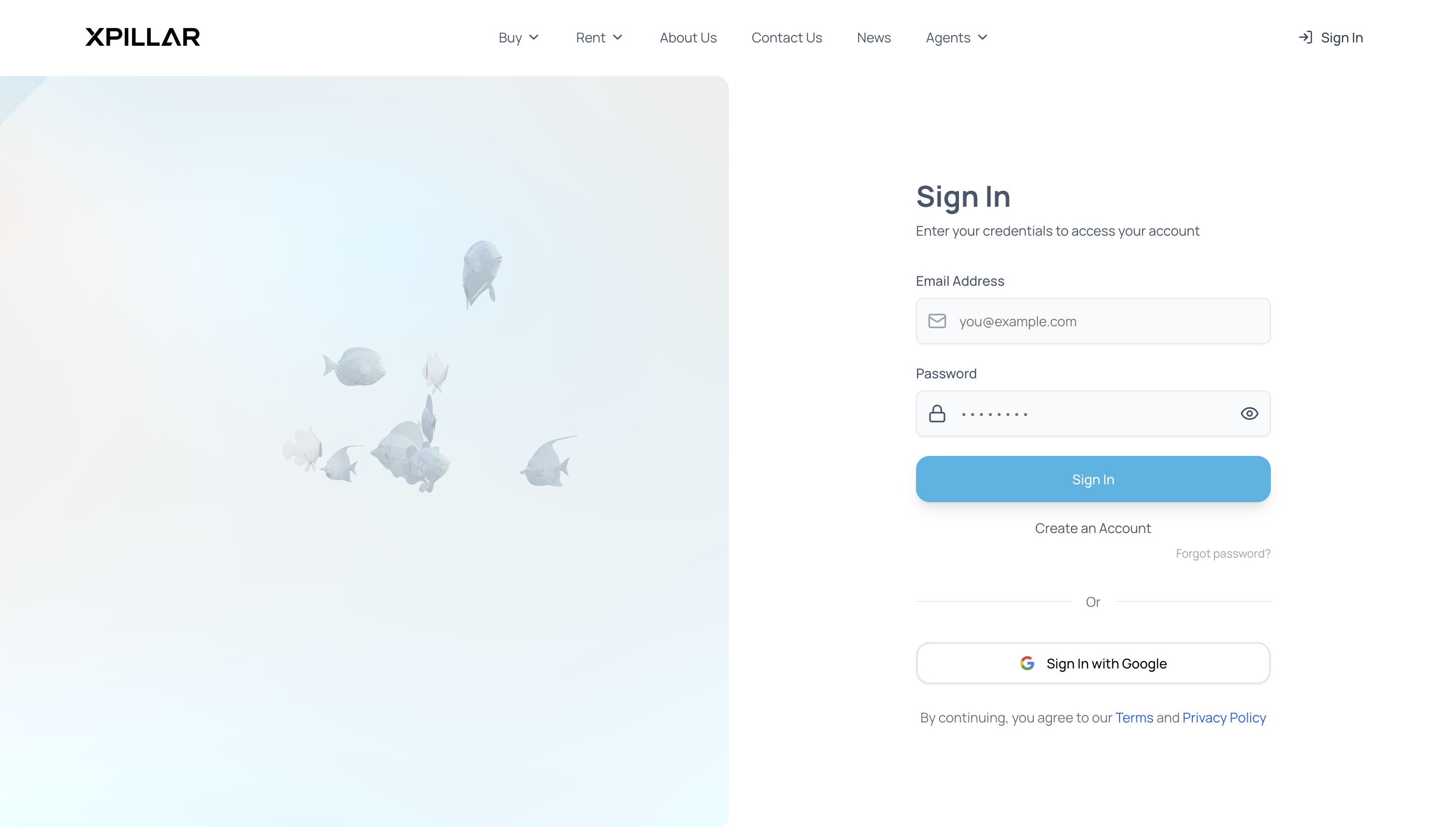 Xpillar Client Site: login page